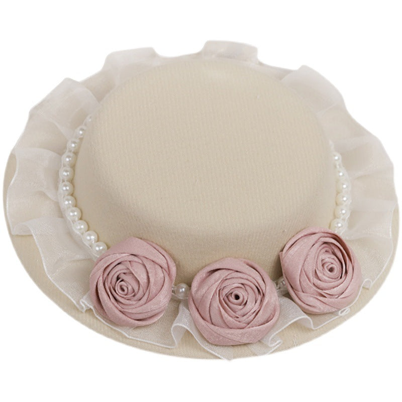 Original Lolita Handmade Mini Flat Hat for Women Summer Pearl Fake Flower Elegant Chinese and Western Mixed Gentle Style Hat