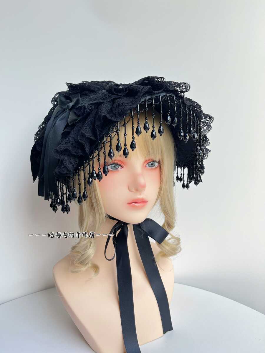 Original Lolita Handmade Gothic Dark Widow Hat Black Pearl Tassel Lace Black Rose Feather Photo Prop