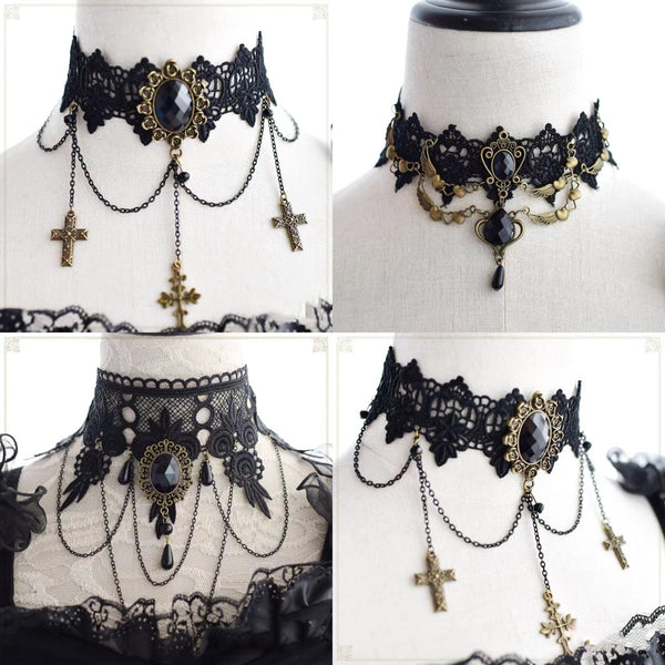 Gothic Dark Lolita Lace Necklace Y2K Harajuku Subculture Black Cross Choker - Lolita Fetch