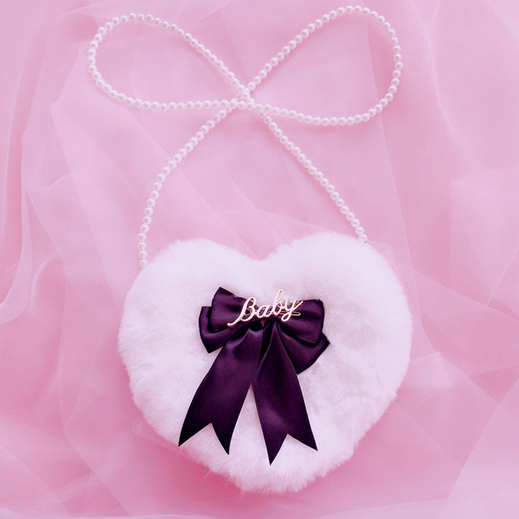 Lolita Plush Heart Shoulder Bag Heart-Shaped Multi-Color Double-Layer Bow Pearl Chain Lolita Bag Crossbody Bag