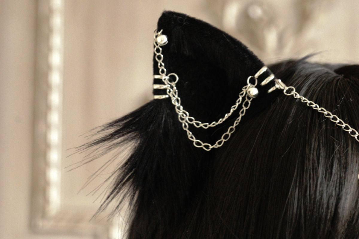 Original Handmade Lolita Chain Black Cat Ear Gothic Style Exotic Beast Ear Hair Clip Cosplay Comic Exhibition