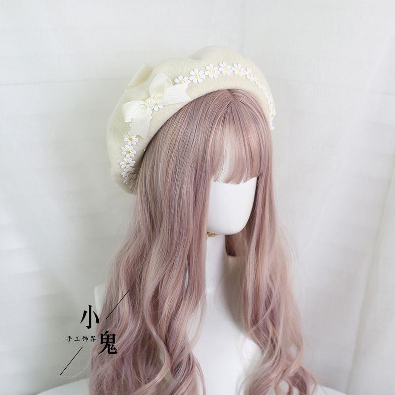 Handmade Original Mori Style Bowknot Beret Hat with Daisy Lace Soft Cute Lolita Handmade Beret Hat