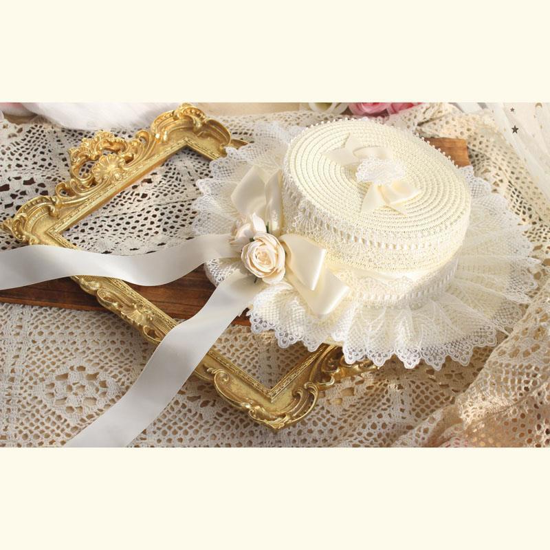 Lolita Straw Hat Mori Style Sweet Bowknot French Girl Flower Sun Hat Lolita Flat Top Hat Straw Hat