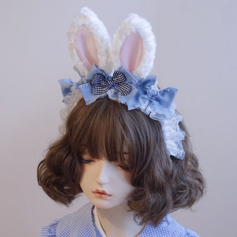 Original Handmade Light Blue Rabbit Ear Headband with Ruffled Edge Lolita Animal Ear Alice