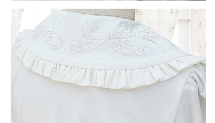 Sweet Elegant White Short - Sleeve Shirt - Embroidered Doll Collar + Lace Puff Sleeves
