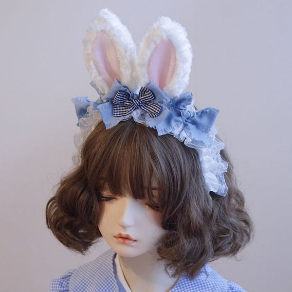 Original Handmade Light Blue Rabbit Ear Headband with Ruffled Edge Lolita Animal Ear Alice - Lolita Fetch