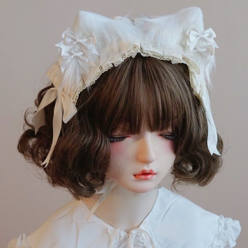 Original Handmade White Cat Ear Bow Hairband with Ruffled Edge Japanese Korean Lolita Style