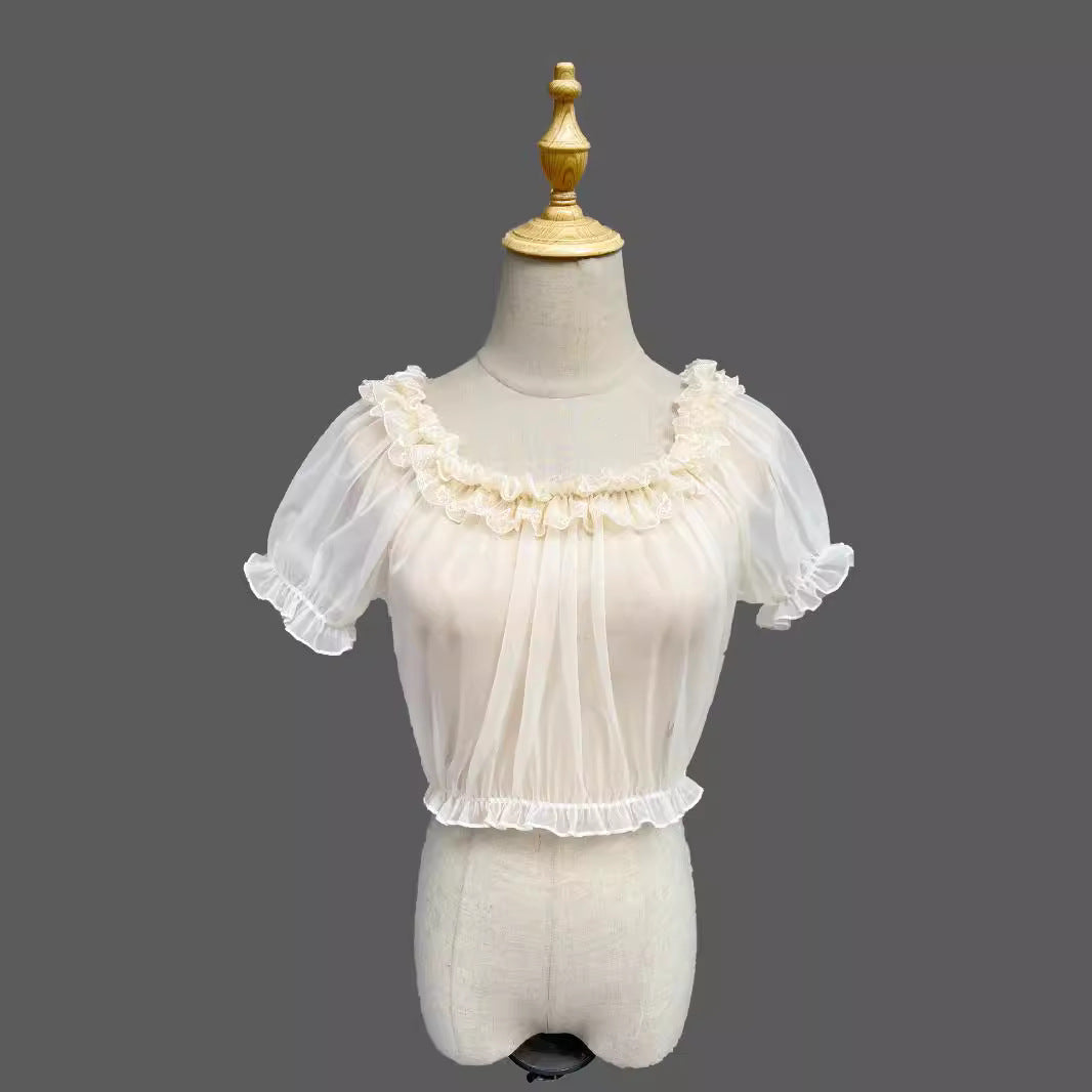 Zhijinyuan- Tulle Inner Top |   Lightweight Skin-Friendly Off-Shoulder Versatile Apricot Blouse