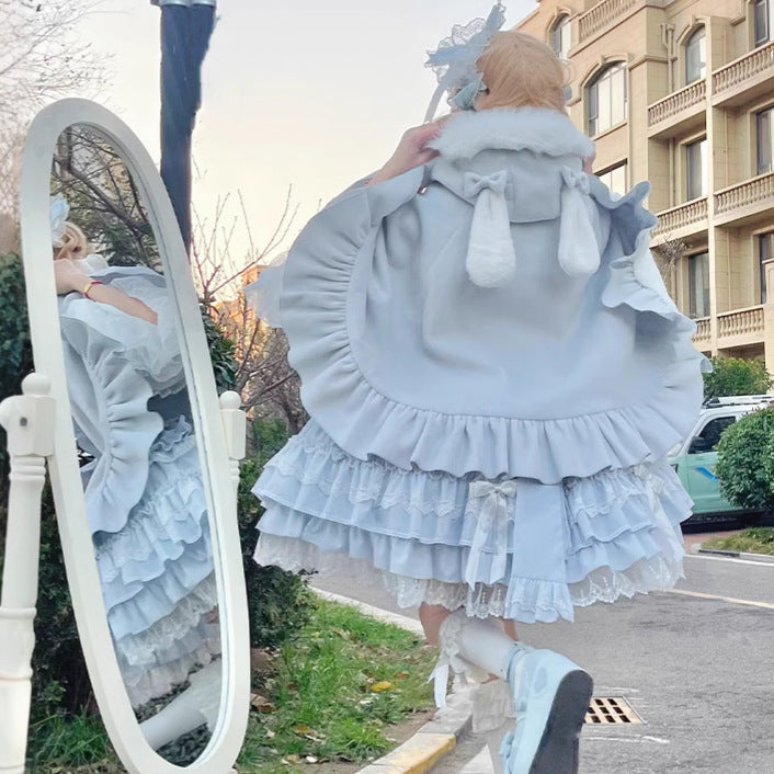 Winter Lolita Rabbit Ear Cape |   Fleece-Lined Thickened Woolen Cape (Blue/Pink, One Size)