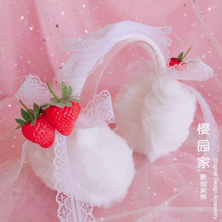 Christmas Warm Winter Lolita Plush Ear Muffs Strawberry Cat Ear Cute Ear Muffs Beautiful Lace Ear Covers