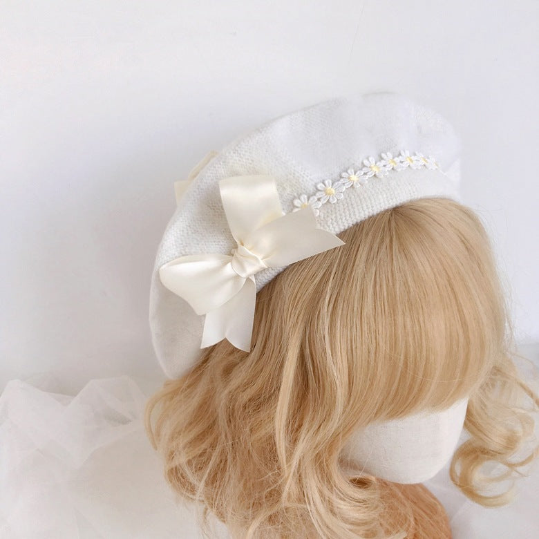 Original Japanese Handmade Mori Style Bow Beret Daisy Lace Soft Cute Lolita Handmade Lace