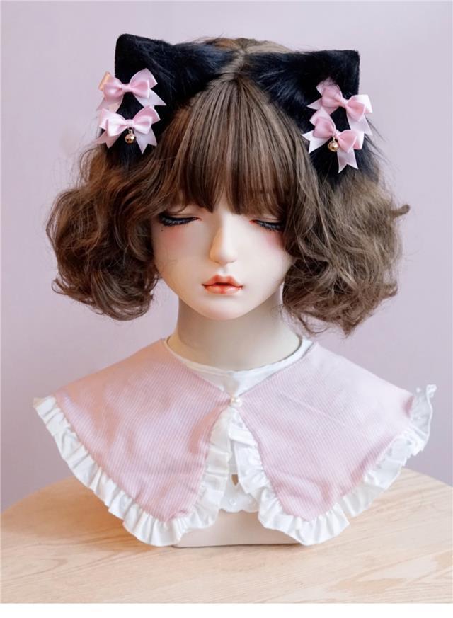 Original Handmade Faux Fur Plush Cat Ear Animal Ear Bow Hair Clip Side Clip Black Pink Japanese Lolita