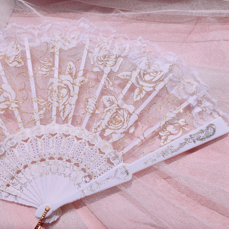 Lolita Lace Fan Gorgeous Retro European Style Rose Folding Fan Tea Party Dark Gothic Comic Con Cosplay Prop