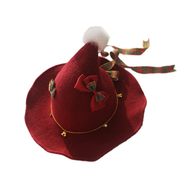 Christmas Original Handmade Lolita Knitted Pointed Pom-Pom Red Hat Lolita Soft Girl Hat