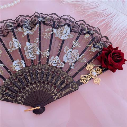 Lolita Lace Fan Gorgeous Retro European Style Rose Folding Fan Tea Party Dark Gothic Comic Con Cosplay Prop