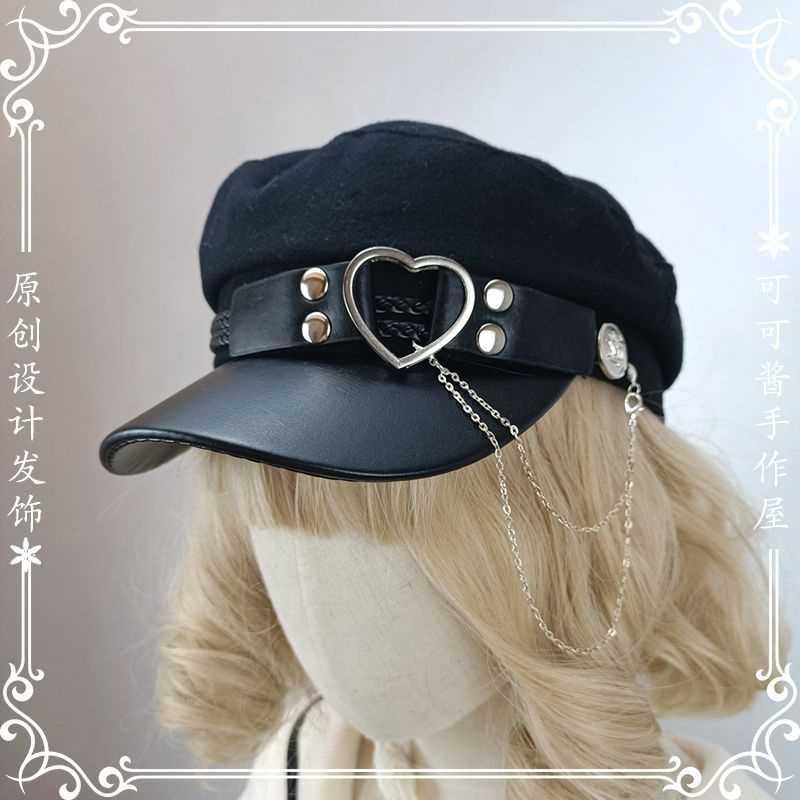 Original Woolen Military Lolita Beret Octagonal Hat Metal Hard Girl Joker Girl Punk Gothic Hat for Women