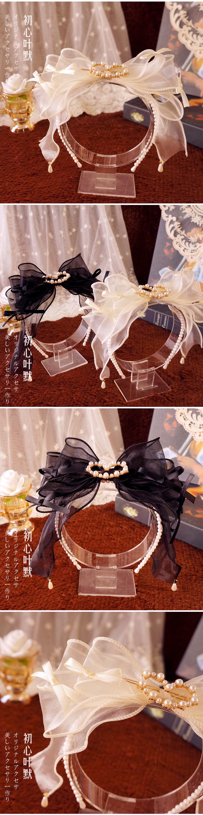 Original Ruiben Rabbit Full Color Pearl Kc Lolita Handmade Headband Organza Bow