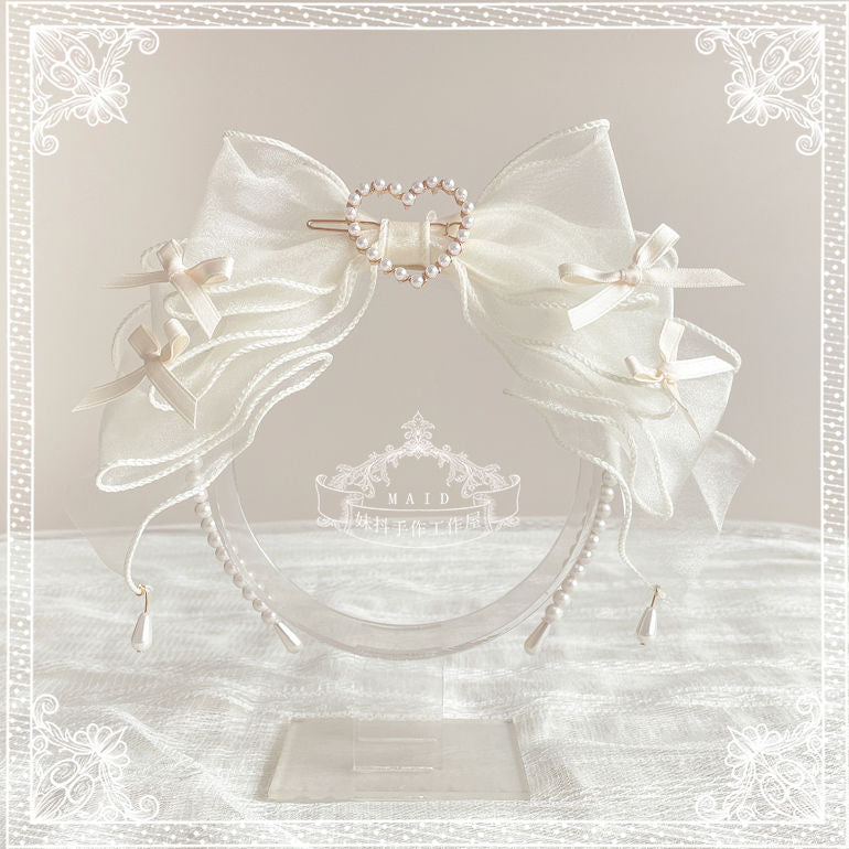 Original Handmade Ruiben Rabbit Full Color Pearl Kc Lolita Headband Organza Bow