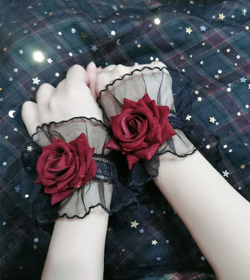 Dark Lolita Lace Wrist Cuffs for Women, Burgundy Rose Dress Cuffs with Wrist Flowers
