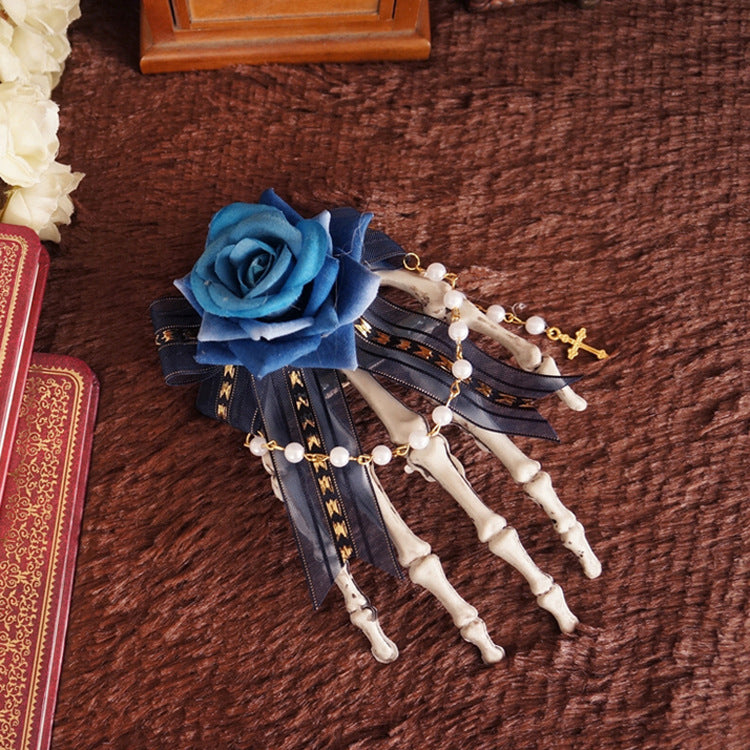 Halloween Gothic Lolita Pearl Chain Hair Clip Dark Style Skull Claw Wing Bow Hair Clip Brooch