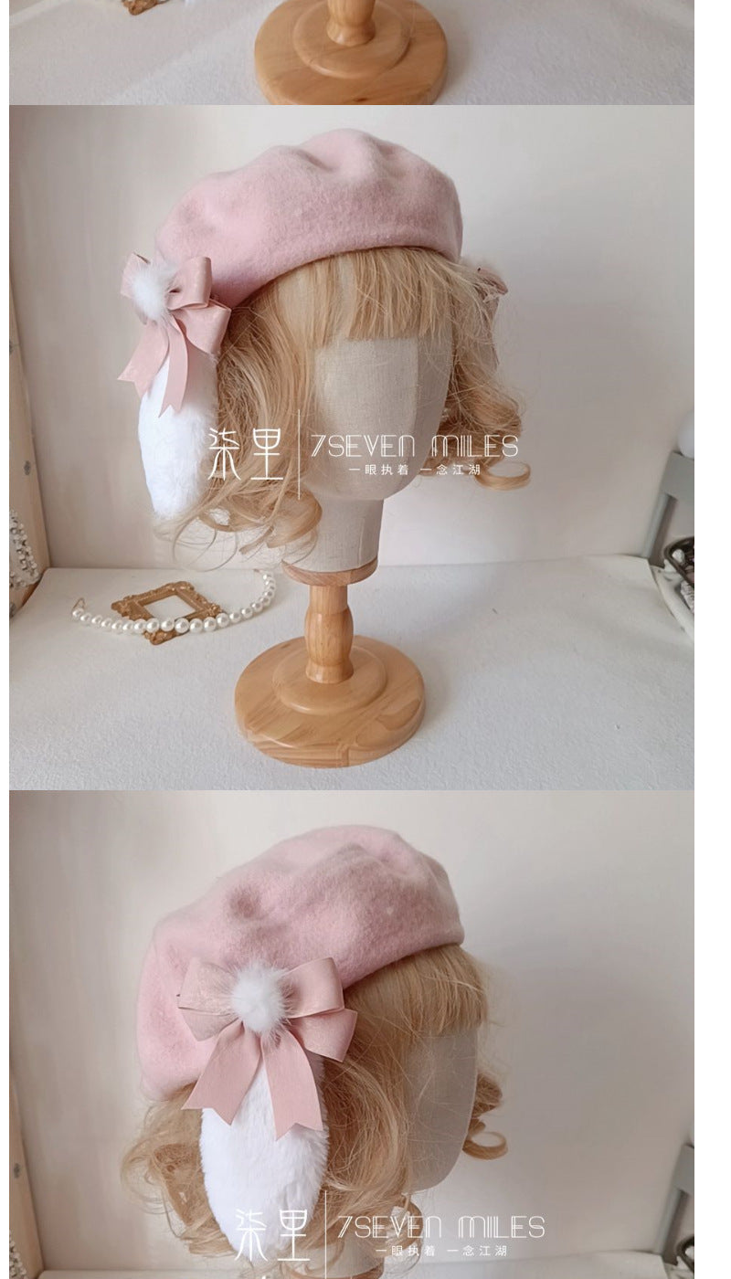 Long-Eared Rabbit  Beret Handmade Bow Lolita Girl Sweet Cute Woolen Hat for Women