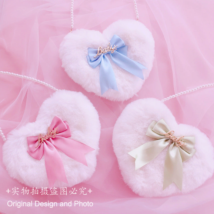 Lolita Plush Heart Shoulder Bag Heart-Shaped Multi-Color Double-Layer Bow Pearl Chain Lolita Bag Crossbody Bag