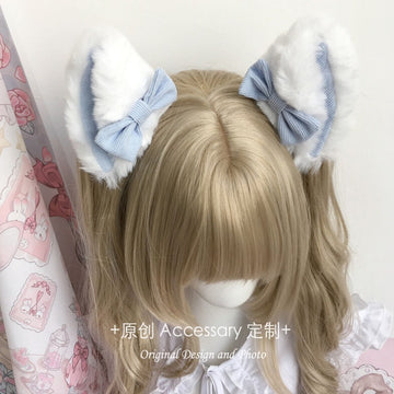 Lolita Large Plush Pink Blue Bow Cat Ear Hair Clip Anime Lolita Animal Ear Hairpin