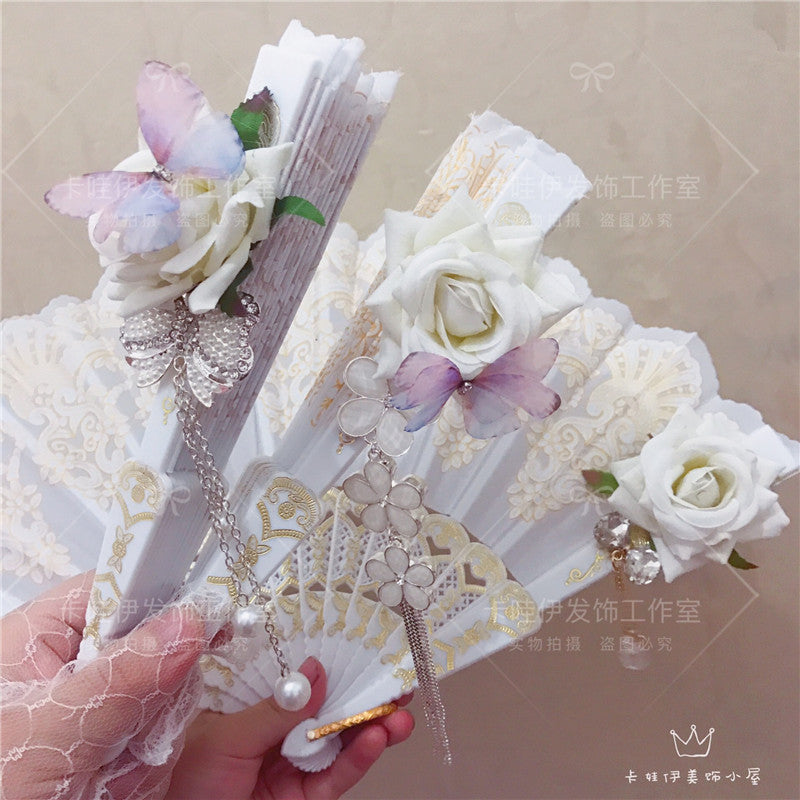 Lolita Handmade Bridal Lace Gold Stamping European Style Gorgeous Gothic Vintage Tea Party Comic Exhibition Photo Folding Fan
