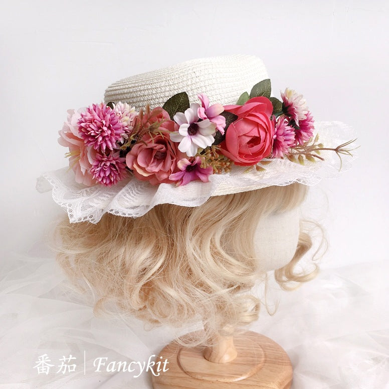 Handmade Lolita Retro Artificial Flower Straw Hat Bonnet French Pastoral Hat Photo Hat Sun Hat