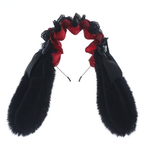 Cute Plush Lace Ribbon Lolita Headband Comic Con Cosplay Prop Realistic Rabbit Ear Hair Accessory Headband - Lolita Fetch