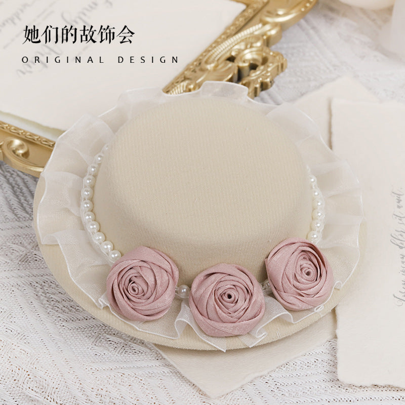 Original Lolita Handmade Mini Flat Hat for Women Summer Pearl Fake Flower Elegant Chinese and Western Mixed Gentle Style Hat