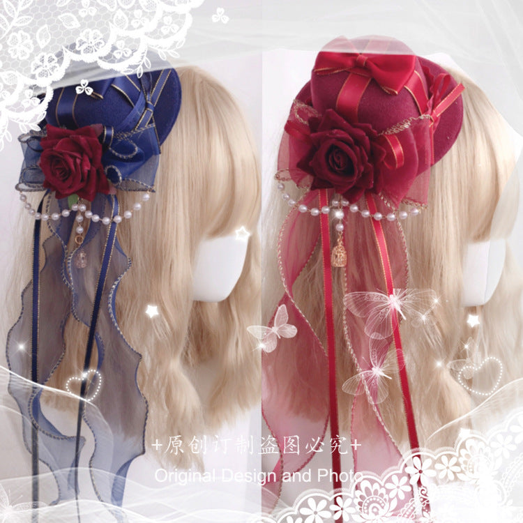 Lolita Hat Small Item Handmade Gothic Versatile Lolita Cyan Burgundy Flower Pill Crown Headwear