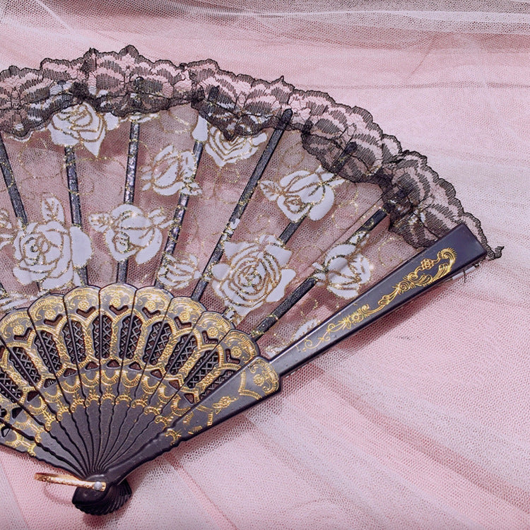 Lolita Lace Fan Gorgeous Retro European Style Rose Folding Fan Tea Party Dark Gothic Comic Con Cosplay Prop