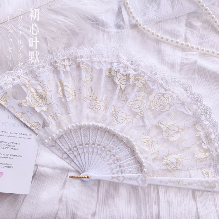 Gothic Style Lolita Lace Dress - Black Gold & White Gold Cross Rose Design with Folding Fan Photo Prop