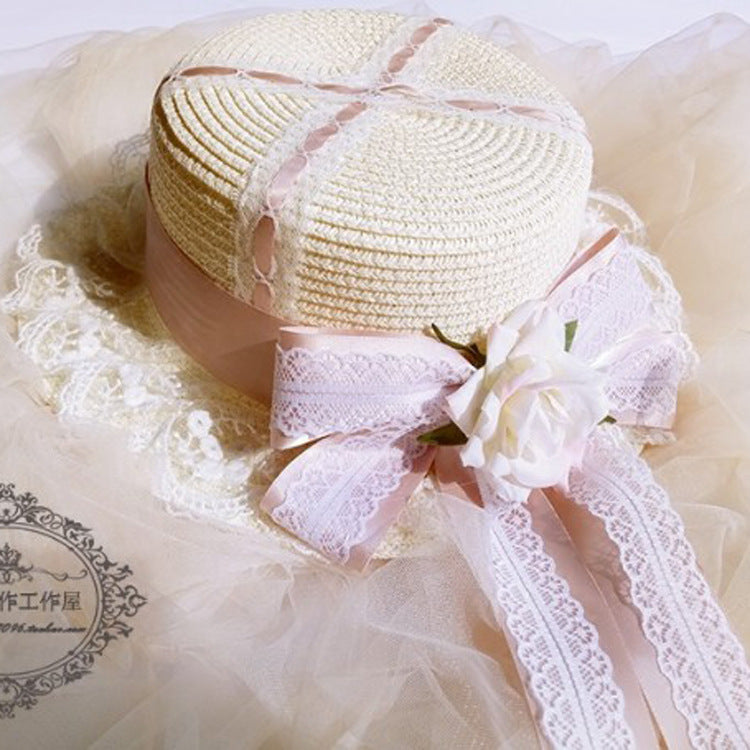 Lolita Multicolor Handmade Sweet Lace Long Ribbon Straw Hat Flat Top Sunshade Handmade Soft Girl