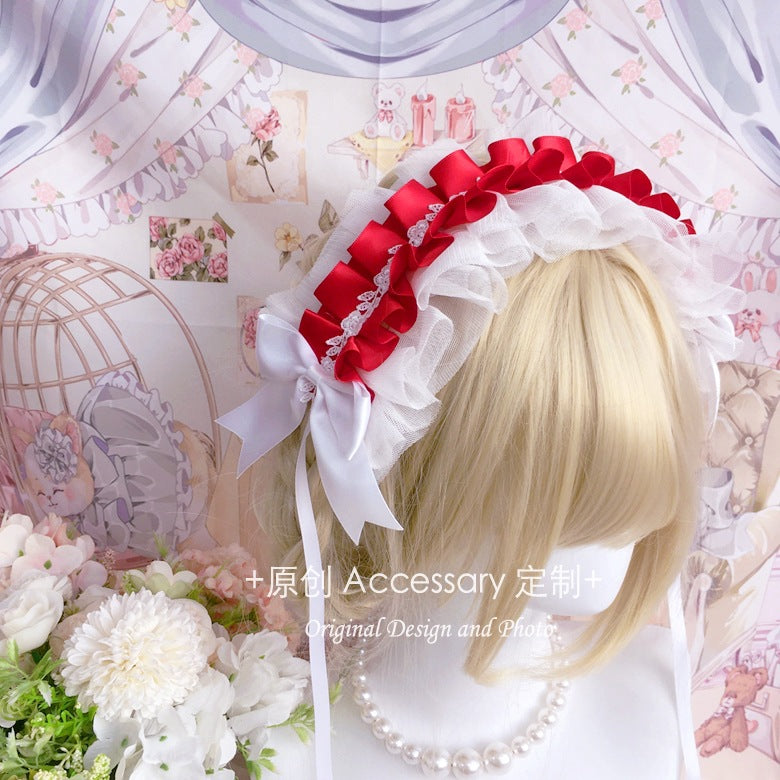 Homemade Doll-Style Lace Headband Lolita Hair Accessory Natural Color Hair Ornament Pink and White Bridal Handmade Small Item