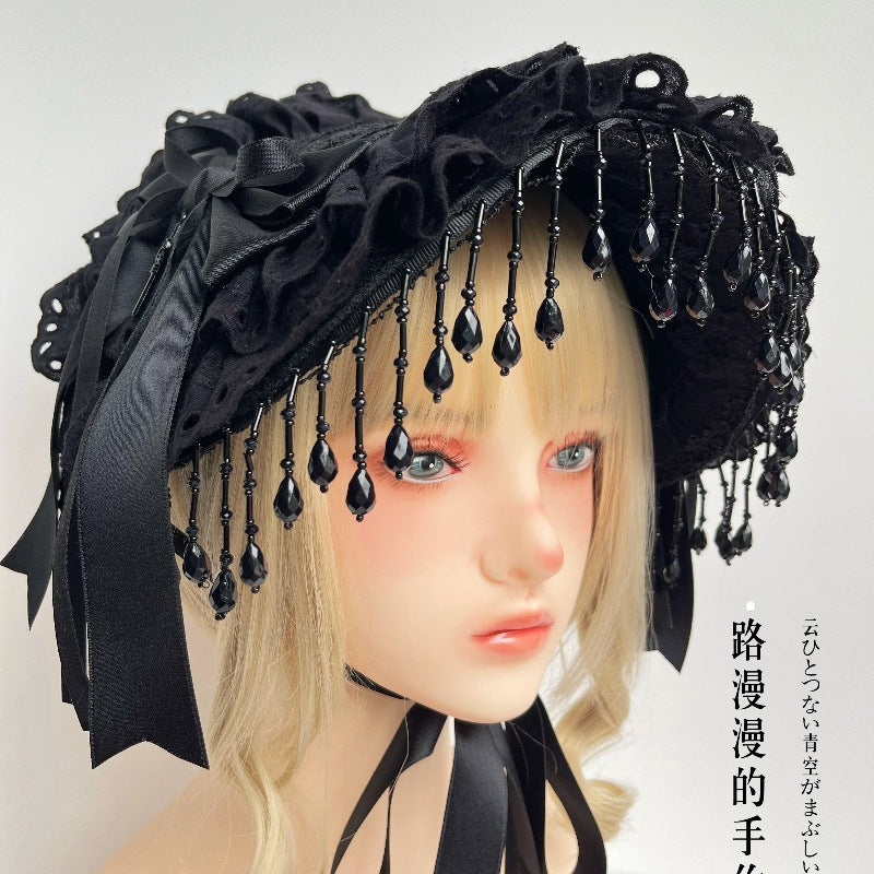Original Lolita Handmade Gothic Dark Widow Hat Black Pearl Tassel Lace Black Rose Feather Photo Prop
