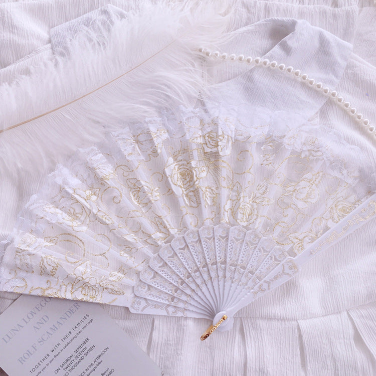 Gothic Style Lolita Lace Dress - Black Gold & White Gold Cross Rose Design with Folding Fan Photo Prop