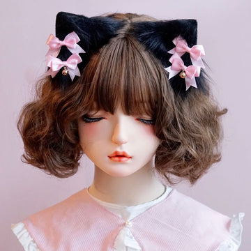 Original Handmade Faux Fur Plush Cat Ear Animal Ear Bow Hair Clip Side Clip Black Pink Japanese Lolita