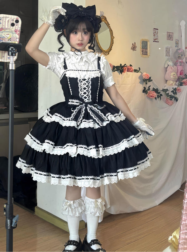 TaTaTa Lolita - Otome Heart - Cotton Old School Lolita JSK Dress Suit, Heart-Shaped Lace Trim