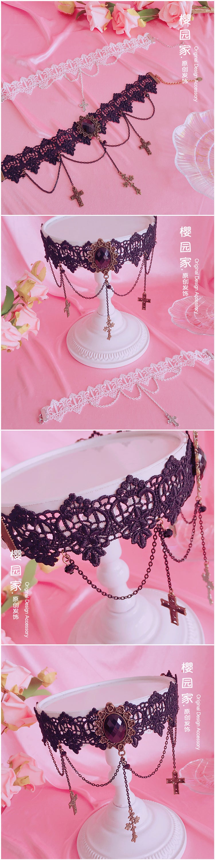 Gothic Retro Cross Choker Soft Girl Lolita Lace Short Necklace Collarbone Chain Accessory