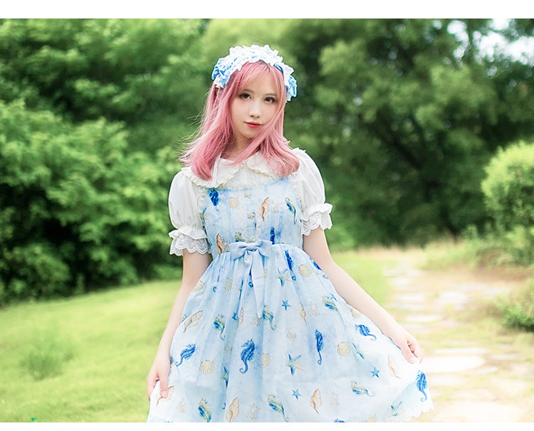 Sweet Elegant White Short - Sleeve Shirt - Embroidered Doll Collar + Lace Puff Sleeves