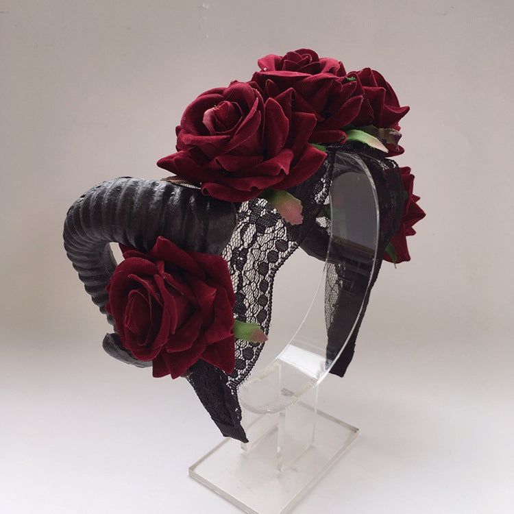 Christmas Gothic Crown Red Rose Headband Lolita Ribbon Hair Accessory Vintage Festival Party Veil Accessory