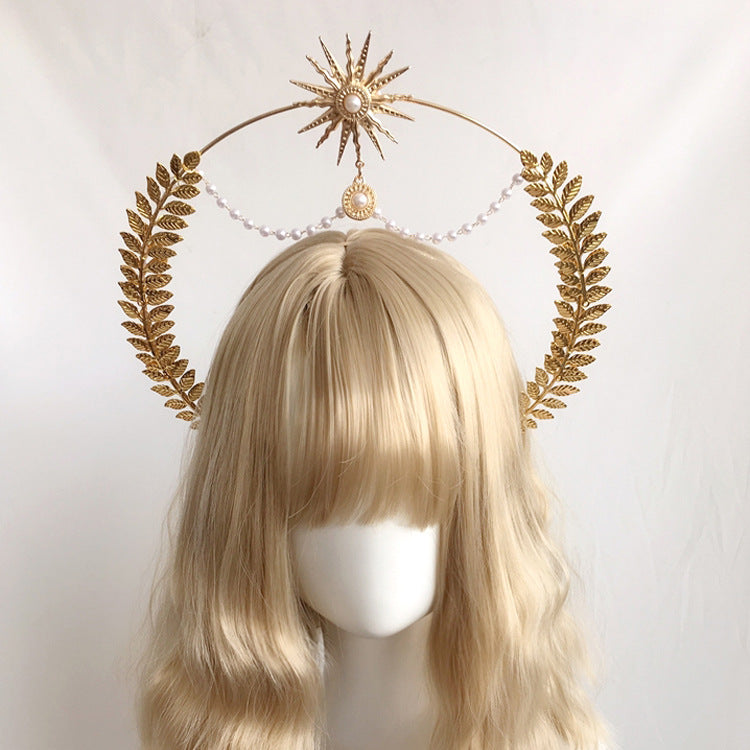 Lolita Virgin Mary Halo Headband Wheat Cross Feather Church Pope Gold Hair Accessory Catwalk Photo Prop