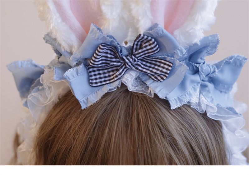 Original Handmade Light Blue Rabbit Ear Headband with Ruffled Edge Lolita Animal Ear Alice
