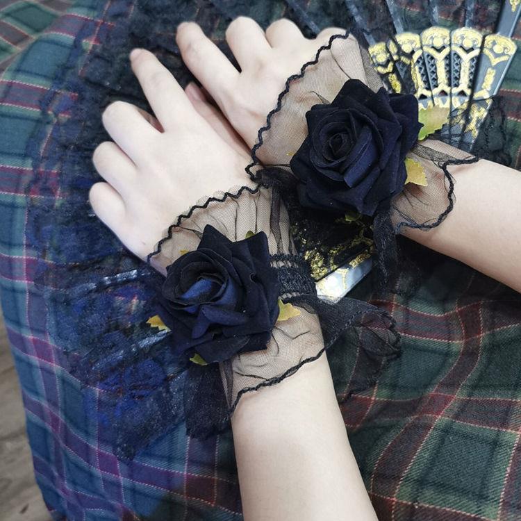 Dark Lolita Lace Wrist Cuffs for Women, Burgundy Rose Dress Cuffs with Wrist Flowers