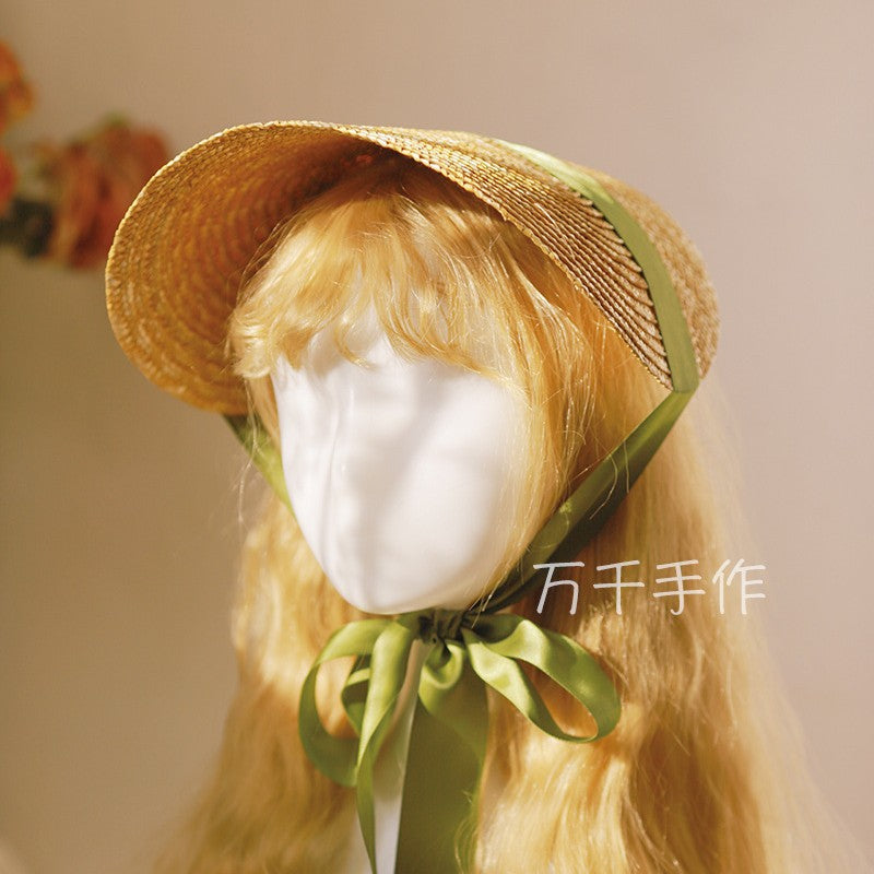 Vintage French Lolita Hat Straw Flat Hat DIY Handmade Vintage Accessories Bnt Lace Strap Hat