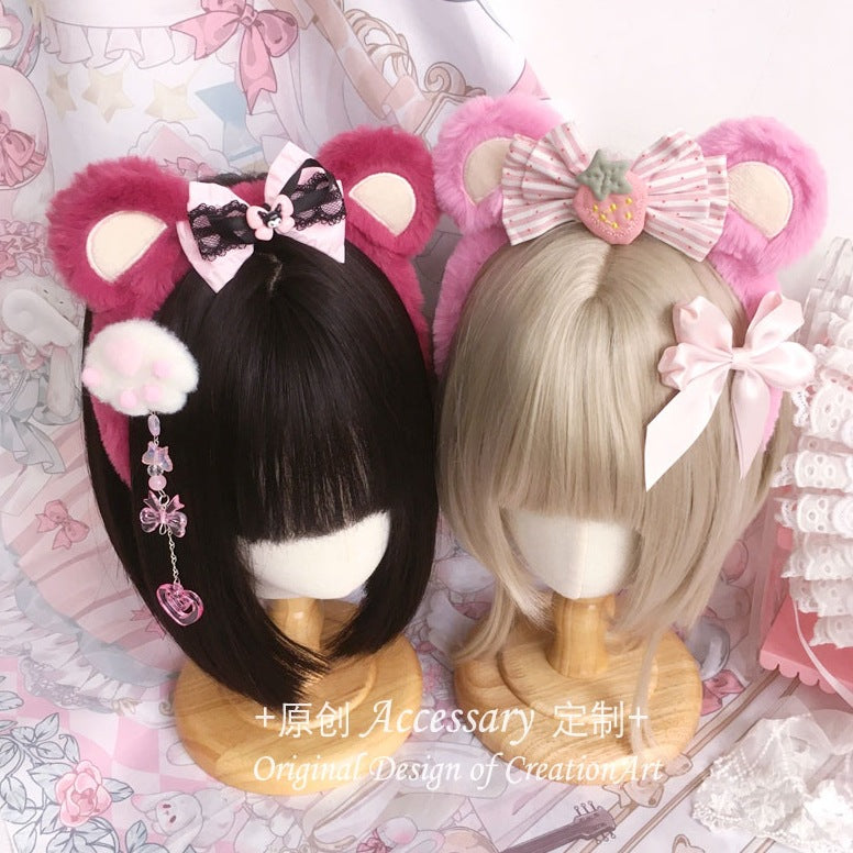 Handmade Ap Strawberry Pink Bear Ears KC Headband Bowknot Hair Accessory Lolita Cute Bear Headband