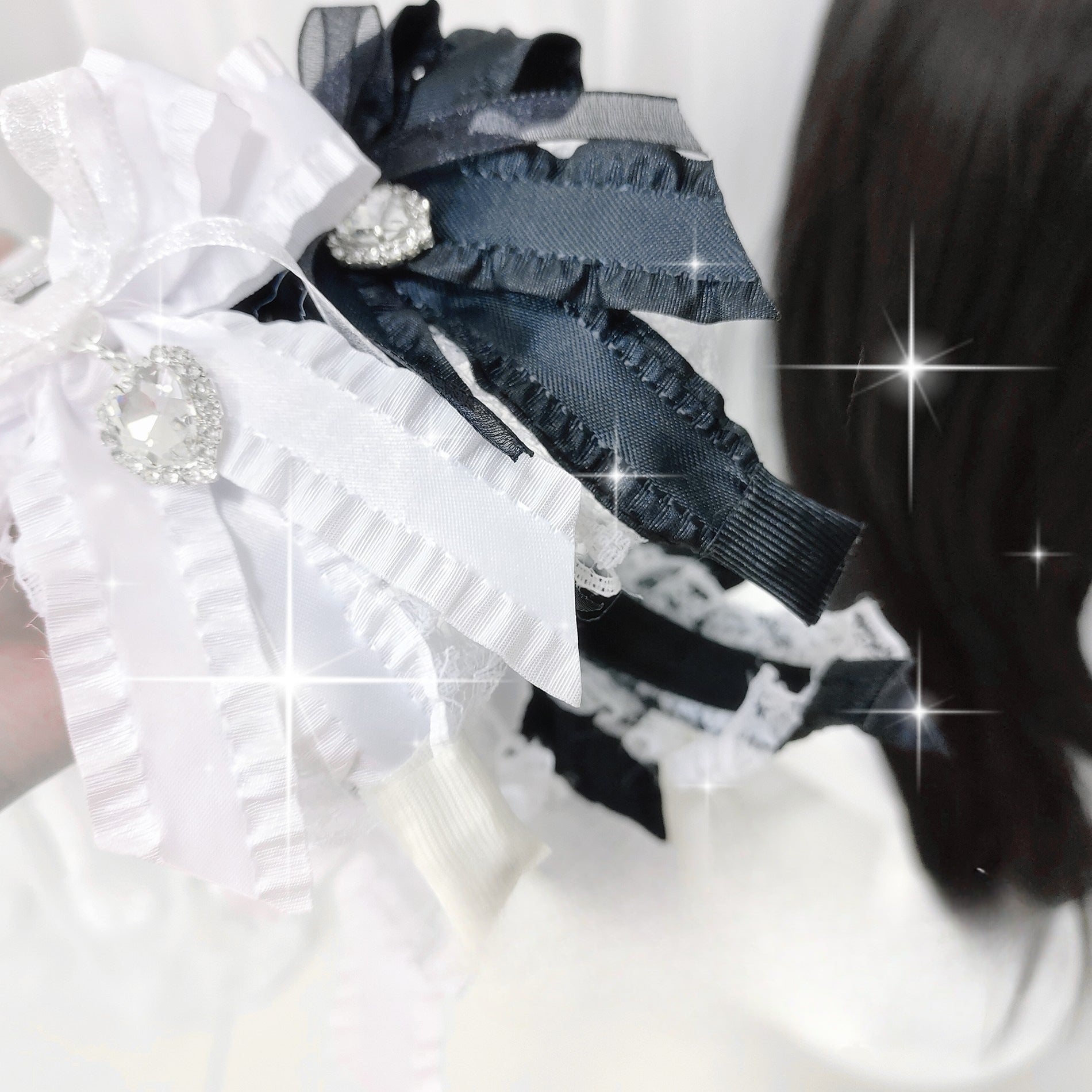 Original Handmade Lace Heart Rhinestone Bow Lace Headband Lolita Hair Accessory