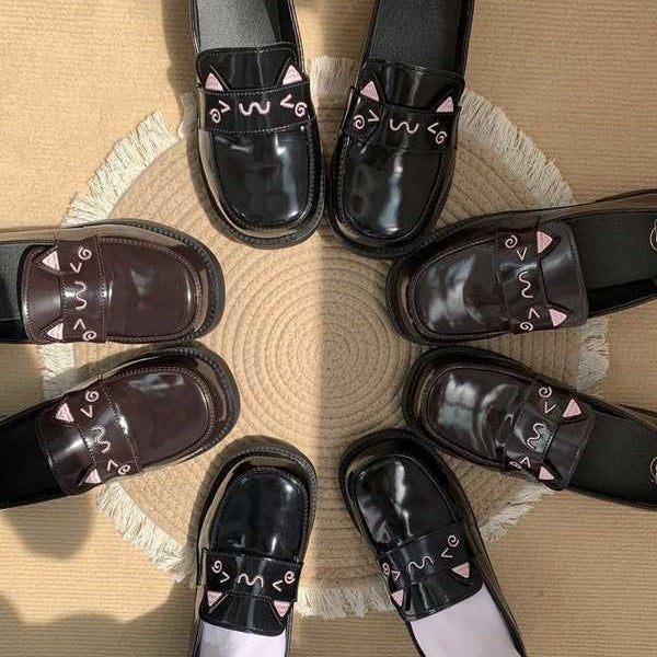 "Treasure Meow" Authentic JK Uniform Shoes | Round/Square-Toe Mid-Heel Academy-Style Leather Flats